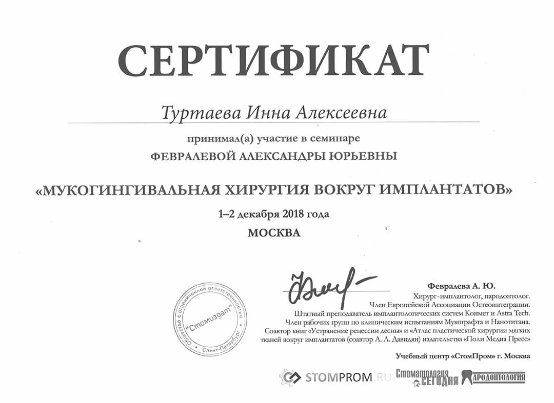 Сертификат «Мукогингивальная хирургия вокруг имплантов»
