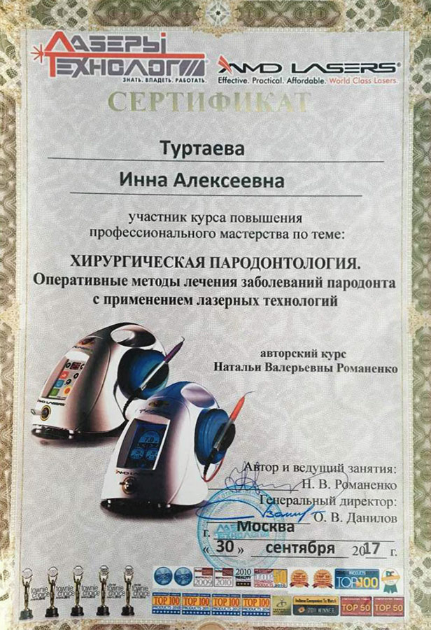 Сертификат по хирургической пародонтологии с применением лазерных технологий