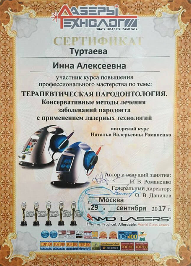 Сертификат по терапевтической пародонтологии с применением лазерных технологий